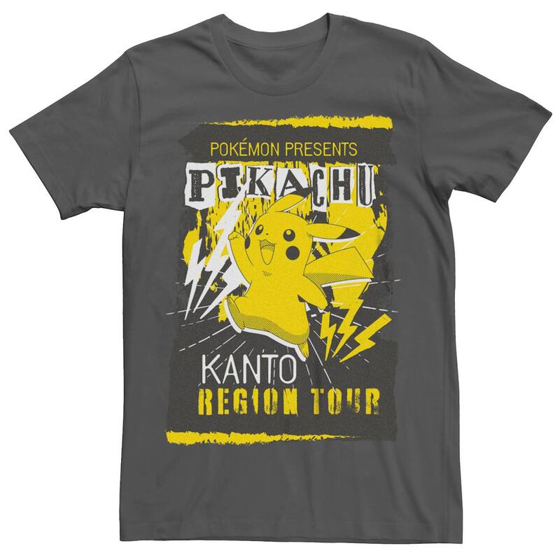 アニメキャラクター レディース トップス Tシャツ Licensed Character Men Pokmon Pikachu Kanto Region Tour Flyer Tee Charcoal チャコール