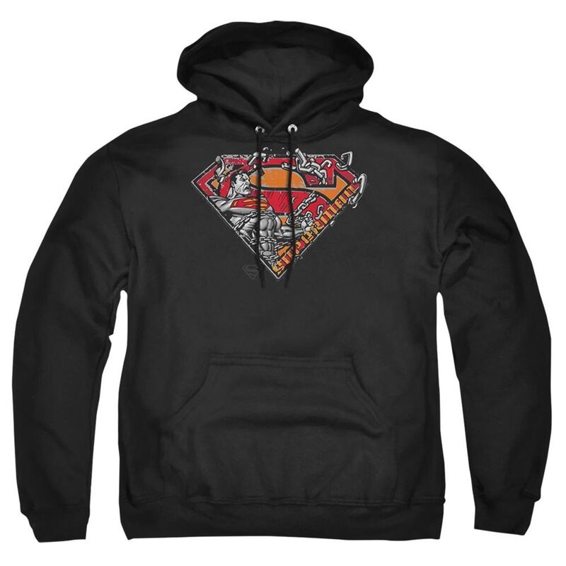 アニメキャラクター レディース アウター ニット・セーター ロゴ パーカー Licensed Character Superman Breaking Chain Logo Adult Pull Over Hoodie Black ブラック|ReVida 店