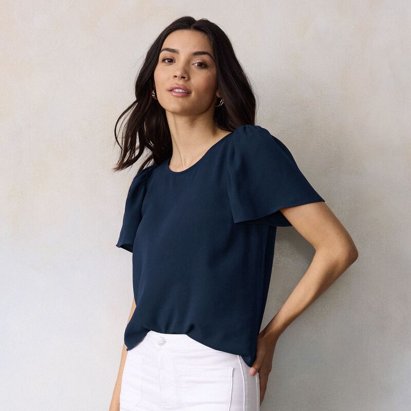 LC Lauren Conrad レディース トップス プルオーバー トップ Women\u0027s LC Lauren Conrad Flutter Sleeve Blouse Genuine Navy 米国海軍