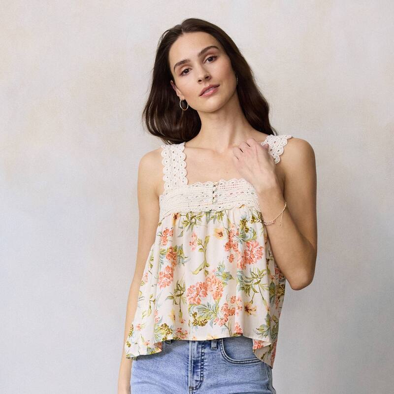 LC Lauren Conrad レディース トップス プルオーバー スピード競技刈り込み スピード競技 Women\u0027s LC Lauren Conrad Lace Trim Square Neck Tank Top Cream Ida Wildflowers 皮膚軟化剤