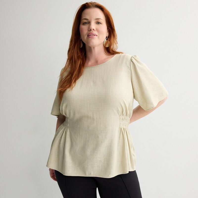 ナインウェスト レディース トップス プルオーバー つけ加える大きさ トップ Plusize Nine West Cinched Flutter Sleeve Blouse Beige ベージュ