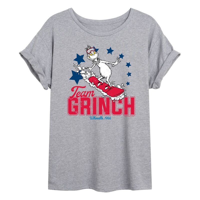 アニメキャラクター レディース トップス Tシャツ Licensed Character Juniors Dr. Seuss Grinch Snowboarding Oversized Tee Heather Gray グレー