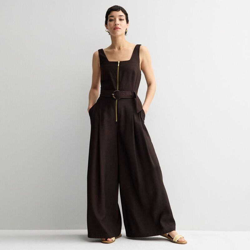 ナインウェスト レディース トップス 衣装 飛び降りる背広 Women\u0027s Nine West Zipper Front Square Neck Jumpsuit Chocolate Brown 赤銅色