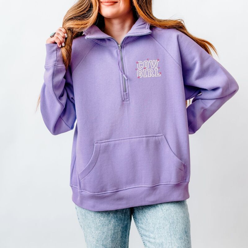Simply Sage Market レディース トップス プルオーバー ハーフジップ 汗水 刺しゅう フリース グラフィック Simply Sage Market Embroidered Cow Girl Stacked - Women\u0027s Quarter Zip Fleece Graphic Sweatshirt Orchid