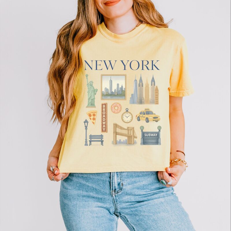 Simply Sage Market レディース トップス ティーシャツ グラフィック Simply Sage Market New York Watercolor Collage - Women\u0027s Boxy Crop Top Graphic T-Shirt Butter トップス-レディースファッション