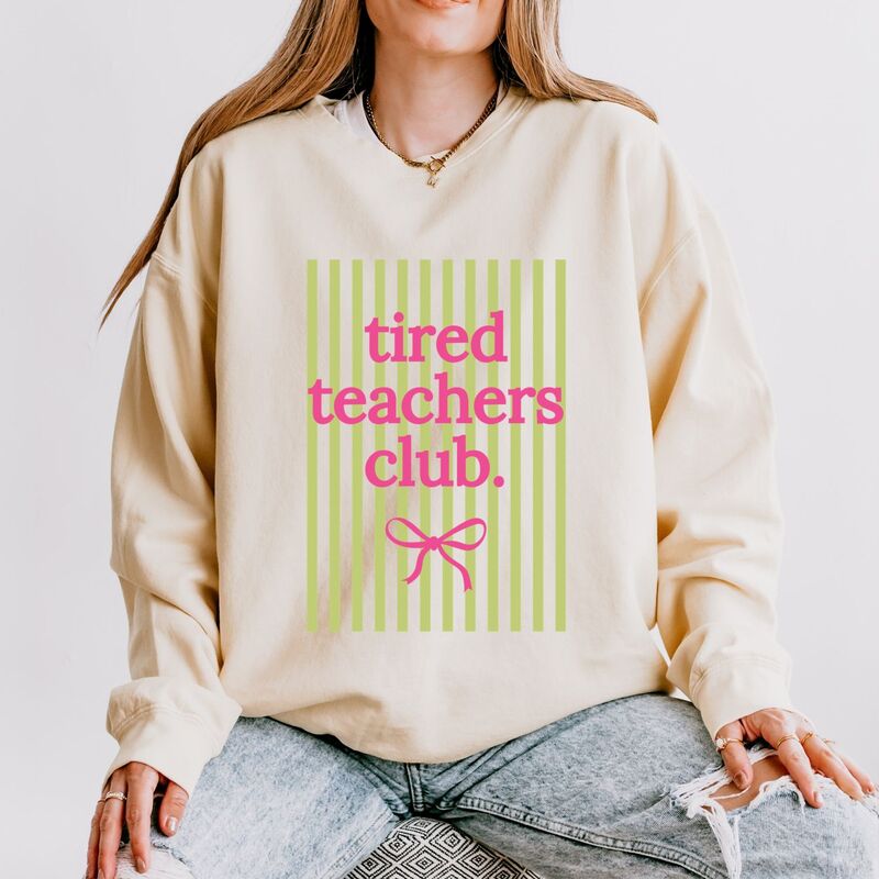 Simply Sage Market レディース トップス ティーシャツ 流汗 Simply Sage Market Green Tired Teachers Club Stripes - Women\u0027s Lightweight Garment Dyed Sweatshirt Ivory 象牙色 Tシャツ・カットソー-トップス