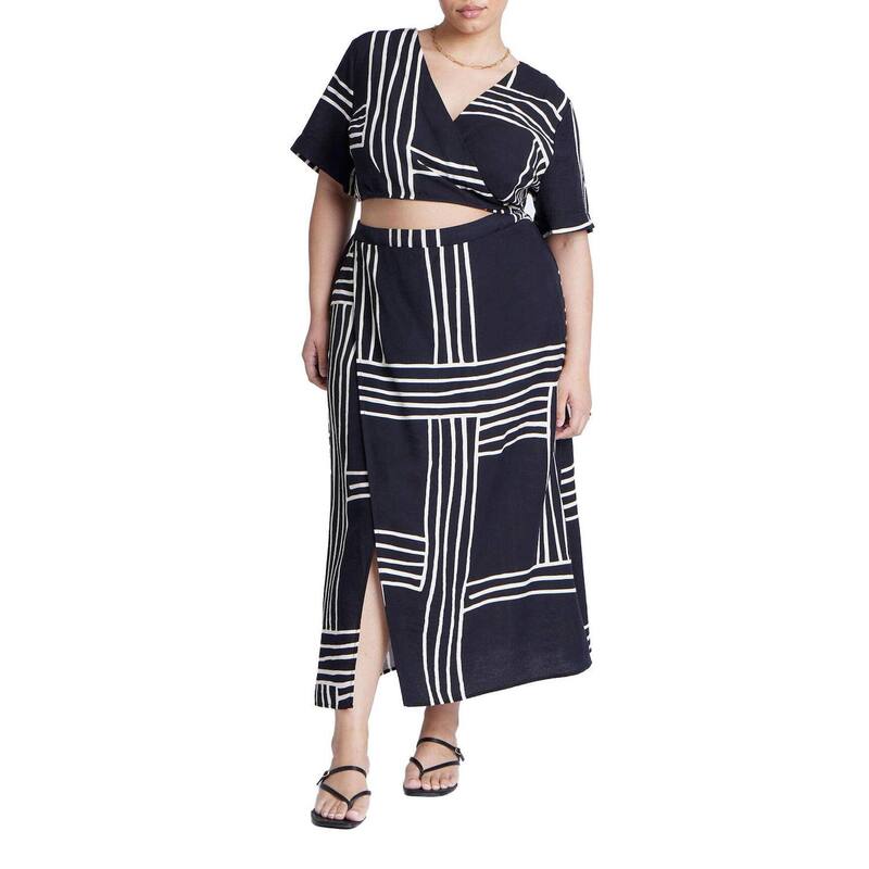 エロクイ レディース ボトムスカート プラスサイズ プリント ELOQUII Women Plusize Wrapover Printed Skirt Stripe Remix ストライプ