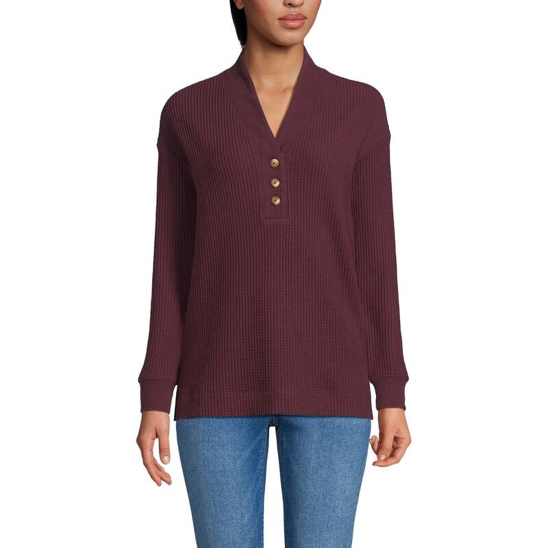 ランズ挙げ句の果て レディース トップス ティーシャツ Women\u0027s Lands\u0027 End Waffle Shawl Collar Henley Long Sleeve Top Lush Burgundy バーガンディ レディースファッション-トップス