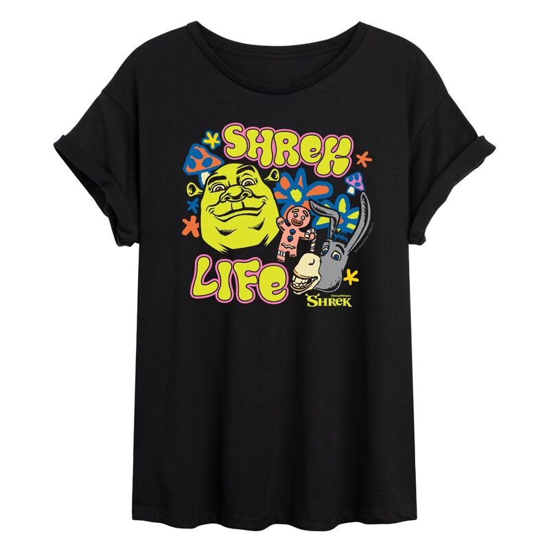 アニメキャラクター レディース トップス Tシャツ フラワー Licensed Character Juniors Shrek Life Groovy Florals Oversized Tee Black ブラック