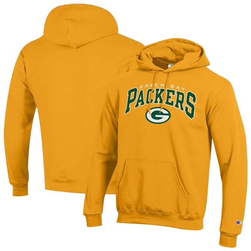 チャンピオン レディース トップス Tシャツ ロゴ パーカー Men's Champion Gold Green Bay Packers Powerblend Arch over Logo Hoodie Pkr Gold ゴールド｜ReVida 店