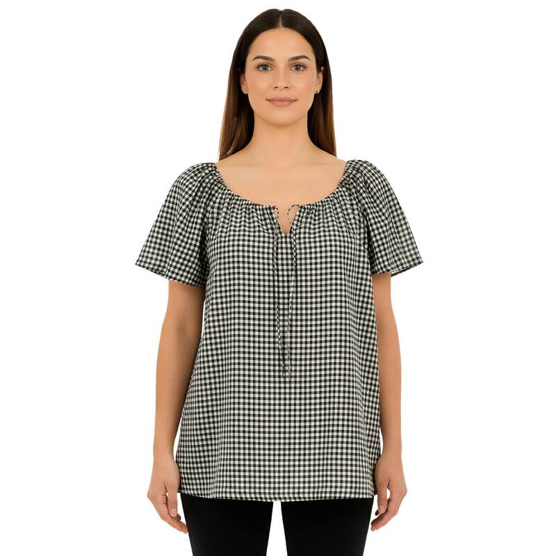 ロアマンズ レディース トップス シャツ プラスサイズ フリル 刺繍 ブラウス Roaman's Women's Plusizembroidered Ruffle Blouse Black White Gingham ホワイト｜ReVida 店