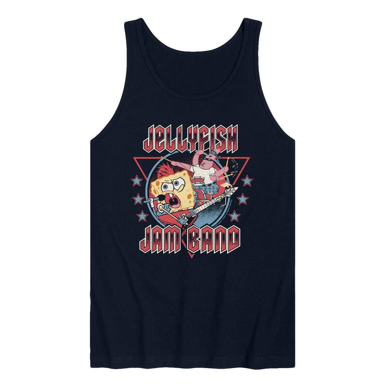 アニメキャラクター レディース トップス Tシャツ パンツ グラフィック Licensed Character Men'spongeBob SquarePants Jellyfish Jam Bandistressed Graphic Tank Top Navy ネイビー｜ReVida 店