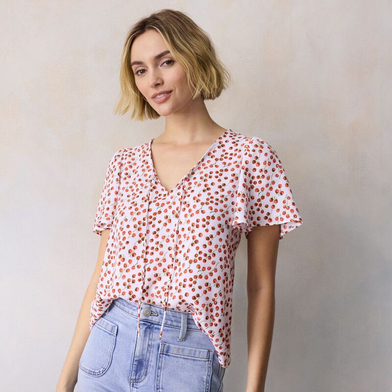 LC Lauren Conrad レディース トップス プルオーバー Women\u0027s LC Lauren Conrad Tie-Front Keyhole Flutter Sleeve Woven Top Red Tossed Tomatoes 赤いこと