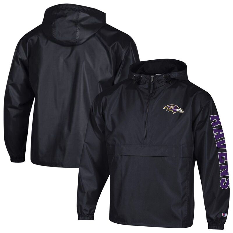 チャンピオン レディース トップス Tシャツ ジャケット Men's Champion Black Baltimore Ravens Packable Hooded Windbreaker Half-Zip Jacket Rav Black ブラック|ReVida 店