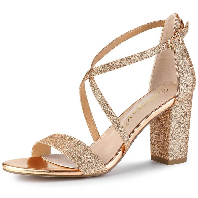 アレグラ ケー レディース シューズ パンプス サンダル ヒール ALLEGRA K Women's Glitter Crisscrosstrap Block Heelsandals Rose Gold ゴールド｜ReVida 店