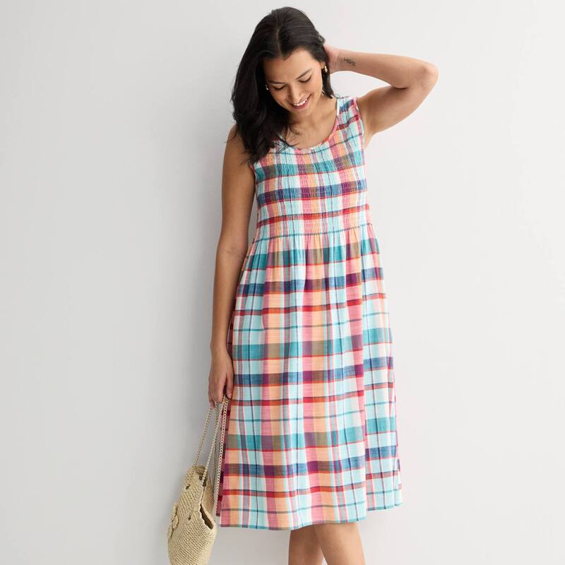 クロフト＆バロー レディース トップス 衣装 midi シャーリング Women\u0027s Croft \u0026 Barrow Smocked Midi Dress Pink Aqua Sunny Madras アクア