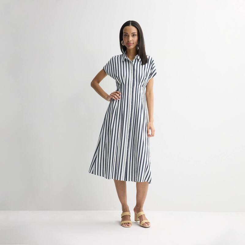 ナインウェスト レディース トップス ワンピース ウエストマーク ミディ シャツ Women's Nine West Cinched Waist Midi Shirt Dress Navy Kora Stripe ネイビー|ReVida 店