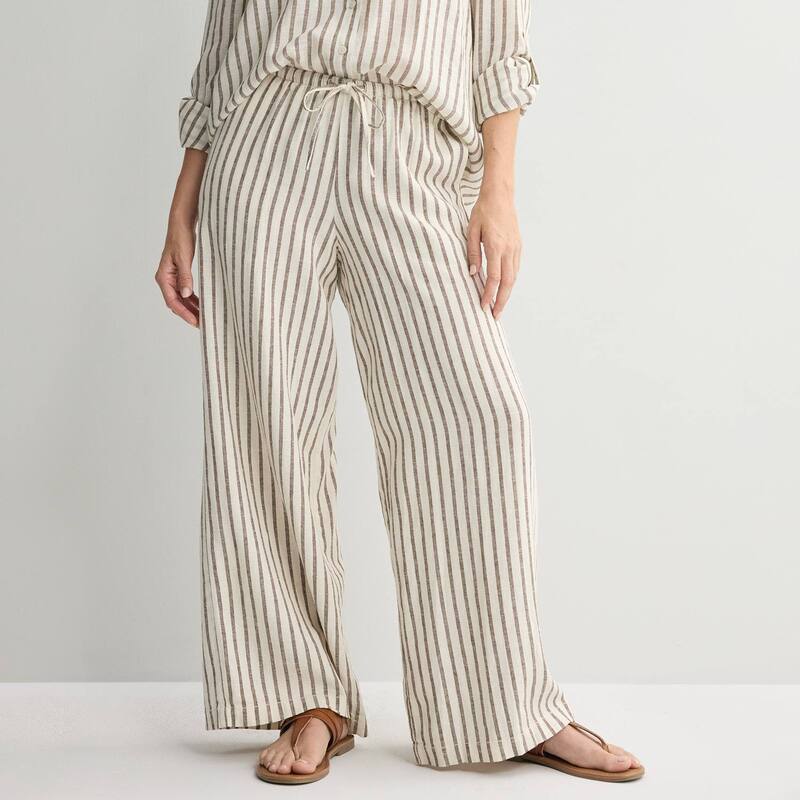 ソノマ レディース ボトムス カジュアルパンツ プチ リネン Petite Sonoma Goods For Life Mid Rise Linen Blend Pants Tan Brown Stripe ブラウン|ReVida 店