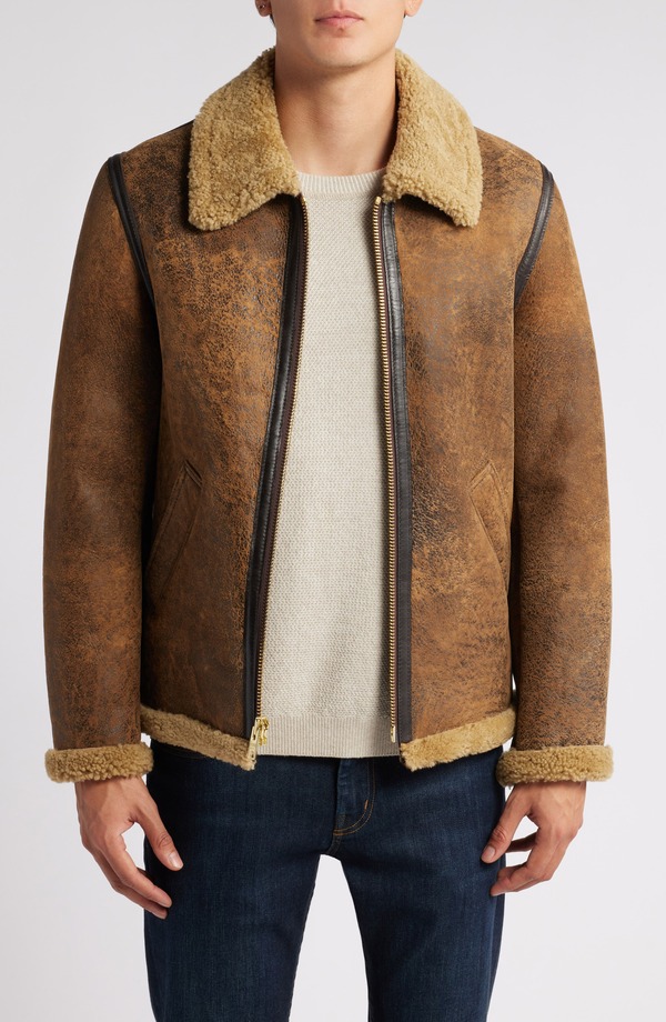 打つこと ニューヨーク州 メンズ アウター 上衣・上衣 Schott NYC Genuine Shearling Collar Sheepskin Bomber Jacket Brown 赤銅色