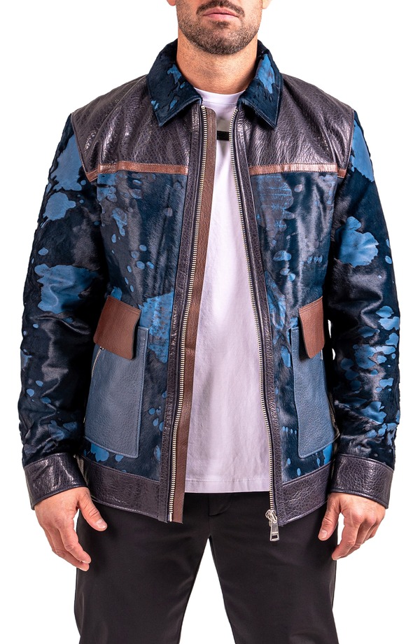 マセオ メンズ アウター 上衣・上衣 色つや立ちはだかる なめし革 Maceoo Resistance1018 Colorblock Genuine Calf Hair \u0026 Leather Jacket Black 黒いこと