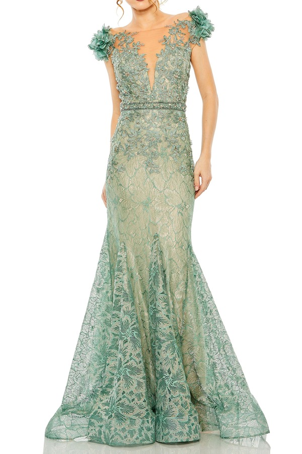 マックダガル レディース トップス ワンピース 刺繍 Mac Duggal Embroidered Illusion Appliqued Bodice Trumpet Gown Sage セージ｜ReVida 店