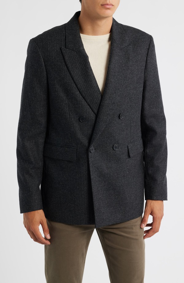 ひな形 メンズ アウター 上衣・上衣 羊毛 スポーツジャケット FRAME Pinstripe Double Breasted Wool Blend Blazer Dark Grey 薄墨色