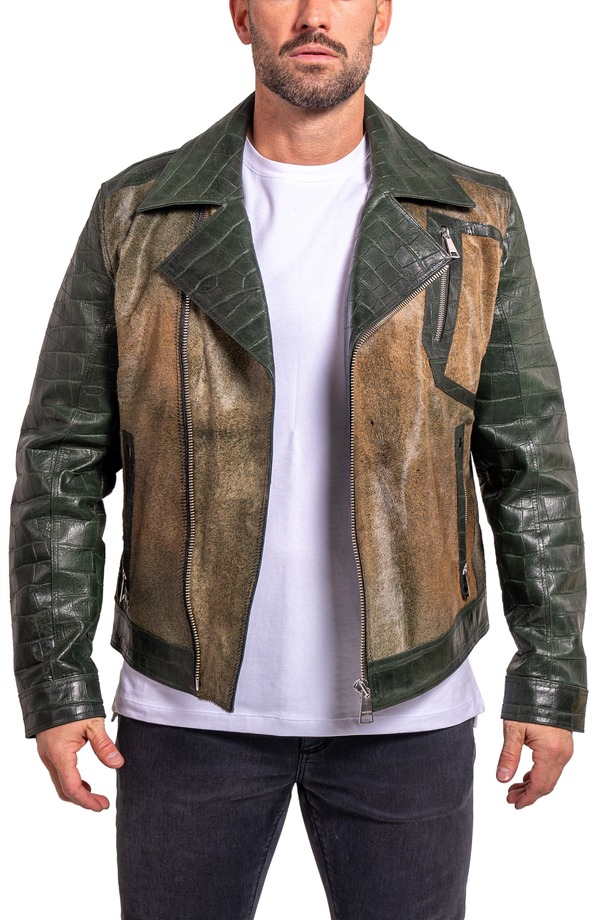 マセオ メンズ アウター 上衣・上衣 刷り上げる なめし革 Maceoo Ascension0026 Genuine Calf Hair \u0026 Croc Print Leather Jacket Green 緑であること