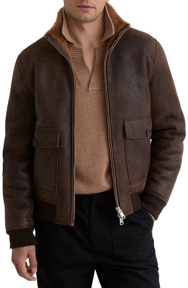 レイス メンズ アウター ジャケット・ブルゾン レザー Reiss Peveral Genuine Shearling Lined Leather Jacket Brown ブラウン