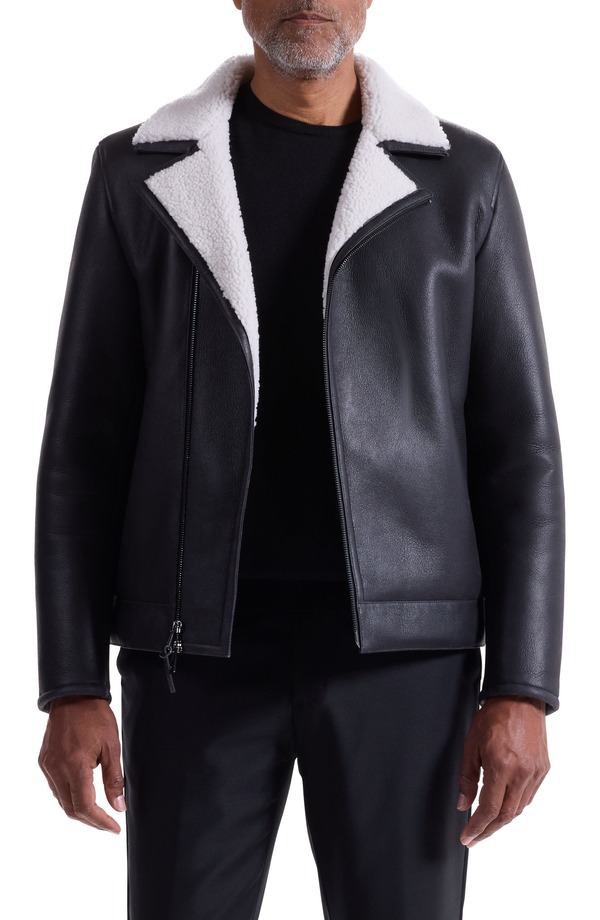 ブガッチ メンズ アウター 上衣・上衣 Bugatchi Genuine Shearling Biker Jacket Black 黒いこと