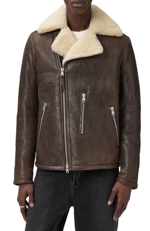 オールセインツ メンズ アウター 上衣・上衣 なめし革 AllSaints Xylon Shearling Lined Leather Biker Jacket Bark Wood Brown 赤銅色