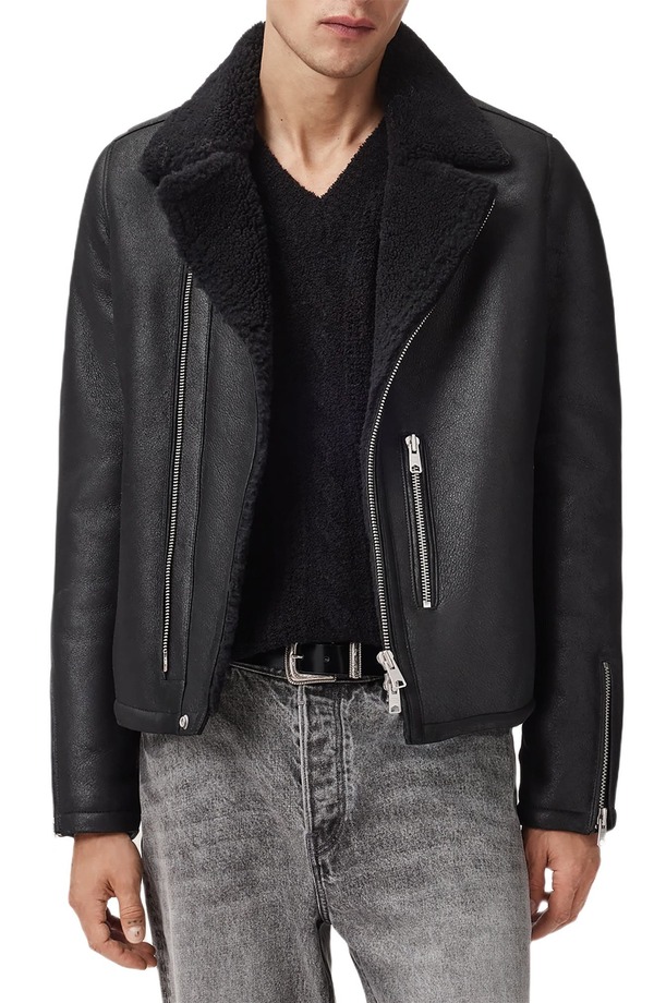 オールセインツ メンズ アウター 上衣・上衣 なめし革 AllSaints Correz Shearling Lined Leather Biker Jacket Black/ Black 黒いこと