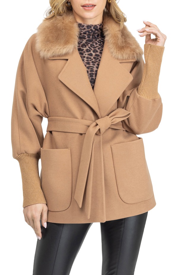 ゴルスキ レディース アウター ジャケット・ブルゾン GORSKI Fabric Jacket With Detachable Genuine Shearling Collar, Belt Camel キャメル