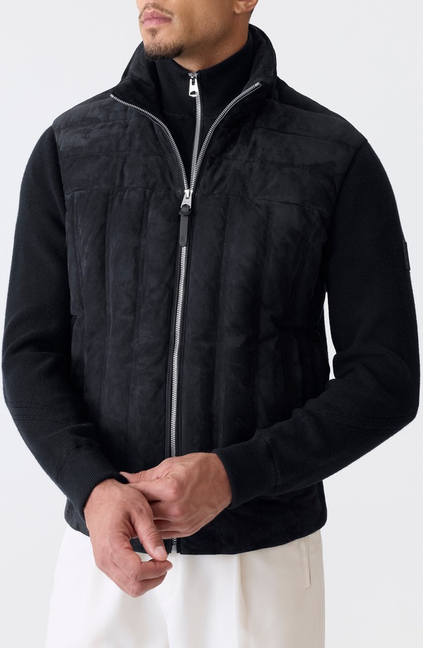 マッカージュ メンズ アウター 上衣・上衣 羊毛 スエードクロス 落ち込む Mackage Landen Suede \u0026 Merino Wool Hybridown Jacket with Bib Navy 米国海軍