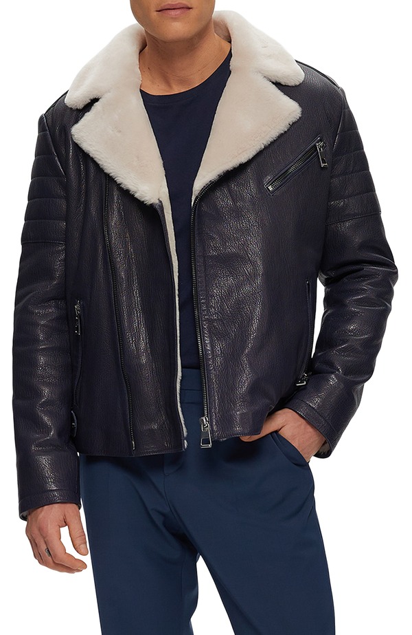 ゴルスキ メンズ アウター 上衣・上衣 GORSKI Mens Nappa Moto Jacket with Genuine Shearling Navy/Beige 米国海軍