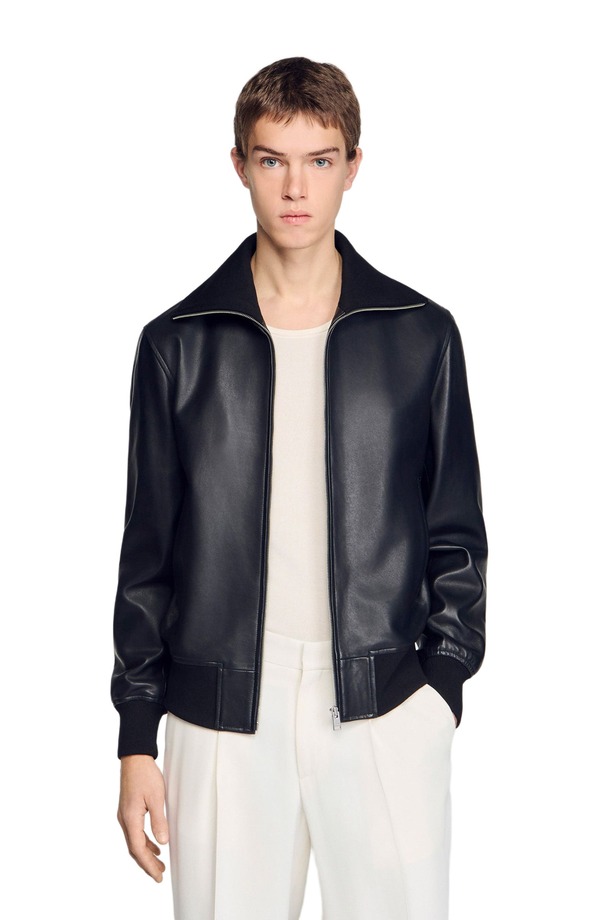 真砂ロ メンズ アウター 上衣・上衣 なめし革 SANDRO Zipped leather jacket Black 黒いこと コート・ジャケット-メンズファッション
