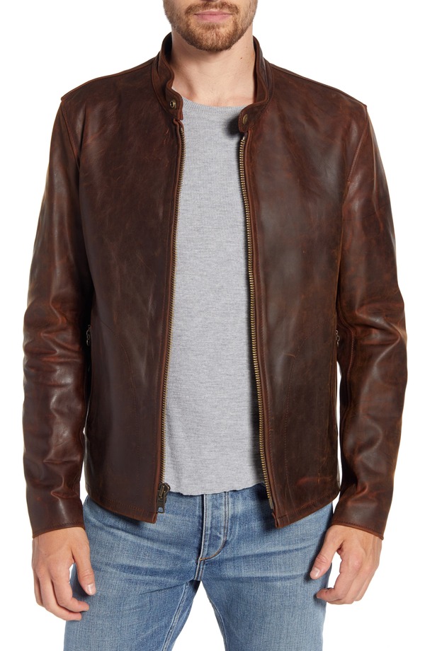 打つこと ニューヨーク州 メンズ アウター 上衣・上衣 なめし革 Schott NYCaf Racer Lightweight Oiled Cowhide Leather Jacket Brown 赤銅色