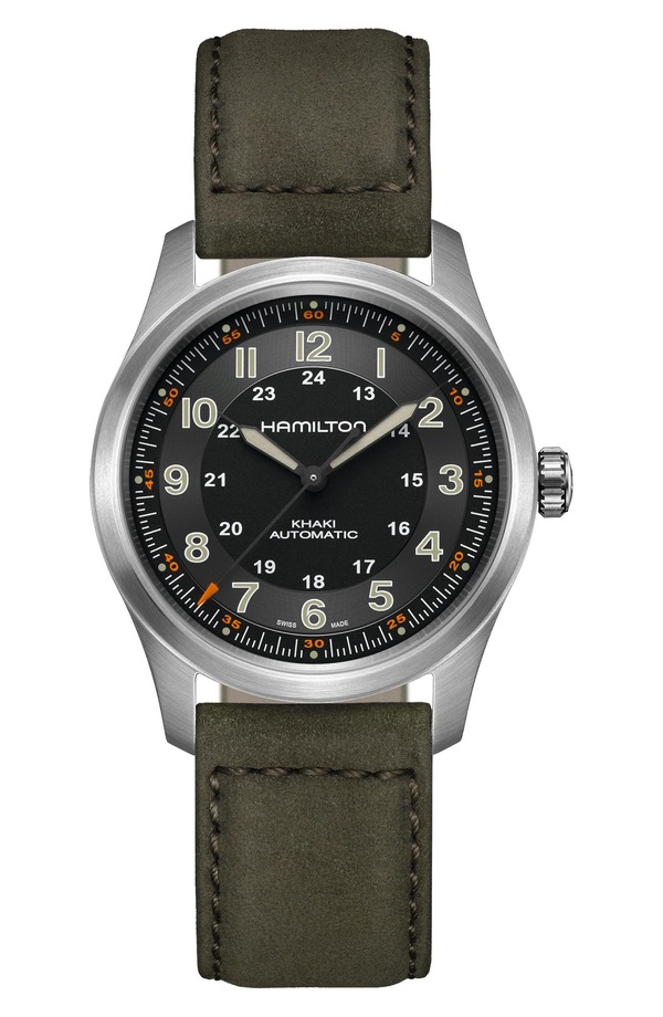 ハミルトン メンズ アクセサリー 腕時計 レザー Hamilton Khaki Field Automatic Leather Strap Watch, 38mm Black ブラック｜ReVida 店