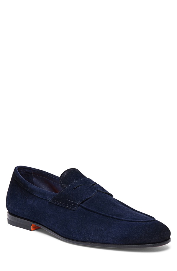 サントーニ メンズ シューズ 置き目毛革 Santoni Carlos Penny Loafer Blue 青碧