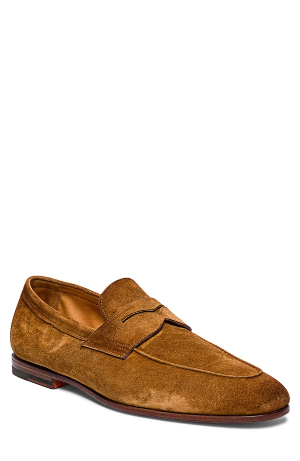サントーニ メンズ シューズ 置き目毛革 Santoni Carlos Penny Loafer Light Brown-C39 赤銅色