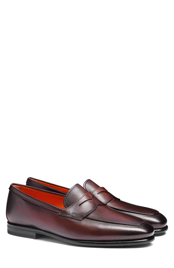 サントーニ メンズ シューズ 置き目毛革 Santoni Carlos Penny Loafer Dark Brown 赤銅色