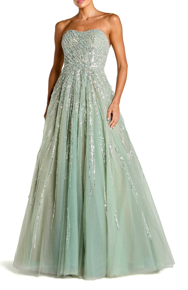 マックダガル レディース トップス ワンピース メッシュ スパンコール ストラップレス Mac Duggal Mesh Sequin Straplessweetheart Neck Ballgown Seafoam