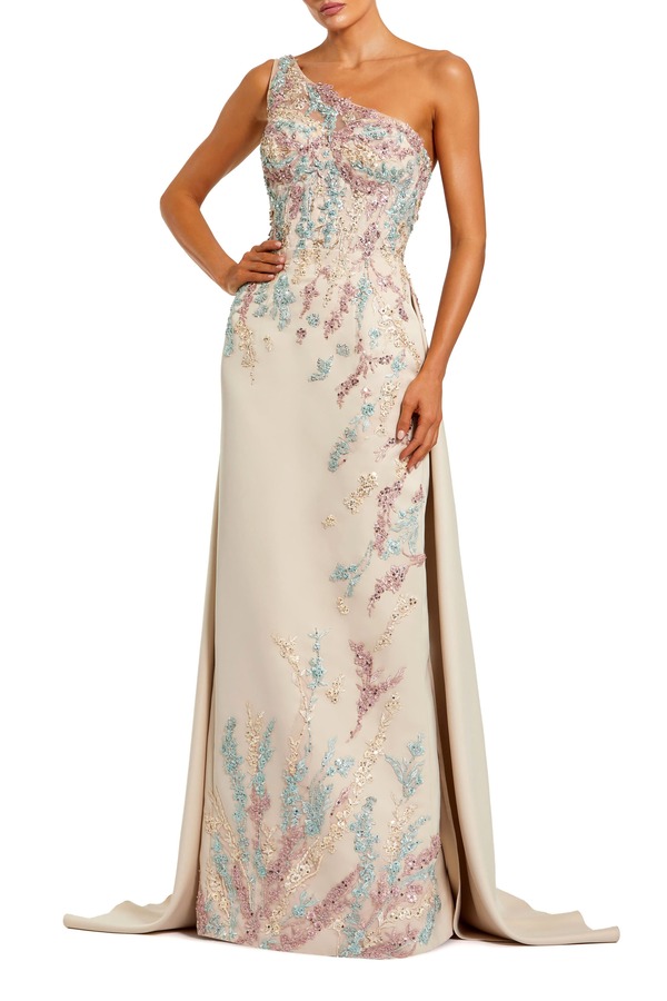 マックダガル レディース トップス ワンピース サテン スカート Mac Duggal One Shoulder Embellished Satin Gown With Overskirt Champagne Multi シャンパン｜ReVida 店