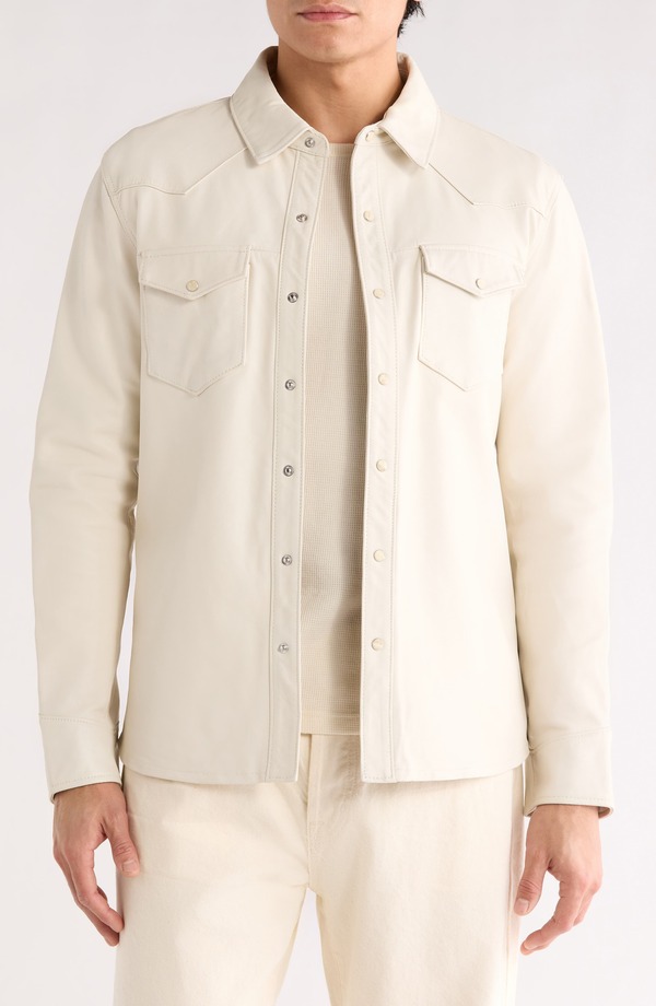 ジョンバルベイトス メンズ アウター ジャケット・ブルゾン シャツ レザー John Varvatosage Sheepskin Leather Shirt Jacket Ivory アイボリー