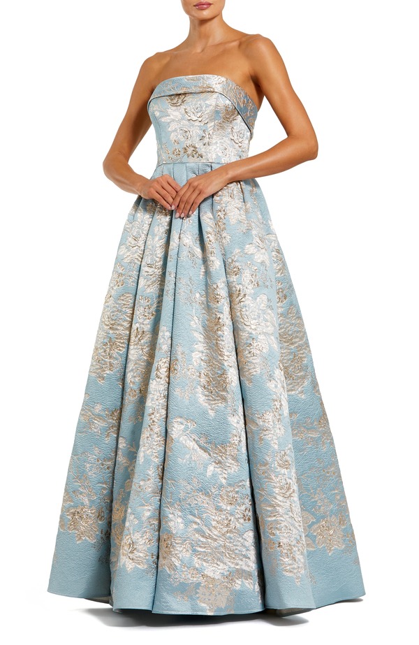 マックダガル レディース トップス ワンピース A ライン フラワー柄 ストラップレス フラワー Mac Duggal Floral Brocade Strapless A Line Ballgown Blue Multi ブルー