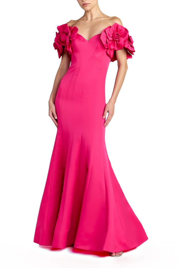 マックダガル レディース トップス ワンピース フラワー柄 サテン フラワー Mac Duggal Satin Off The Shoulder Floral Detail Trumpet Gown Hot Pink ピンク