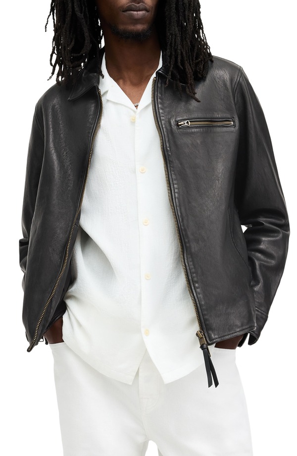 オールセインツ メンズ アウター ジャケット・ブルゾン レザー AllSaints Miller Lambskin Leather Biker Jacket Black ブラック｜ReVida 店