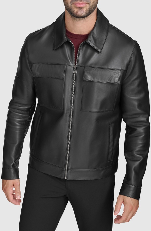 電話を掛けるハーン メンズ アウター 上衣・上衣 ティーシャツ なめし革 Cole Haan Leather Zip Shirt Jacket Black 黒いこと コート・ジャケット-メンズファッション