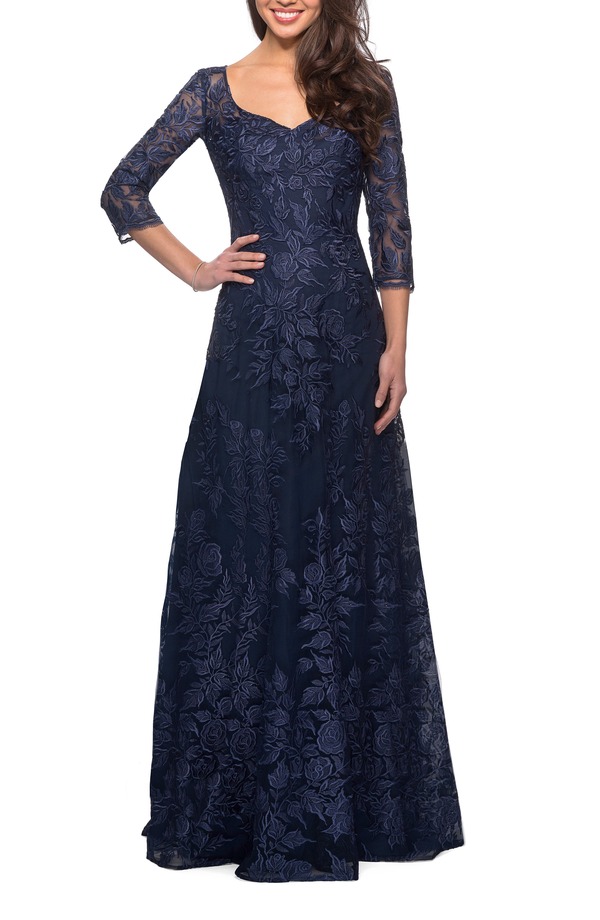 ラフェム レディース トップス ワンピース A ライン レース La Femme Long Lace A-line Three Quarter Sleeve Gownavy ネイビー