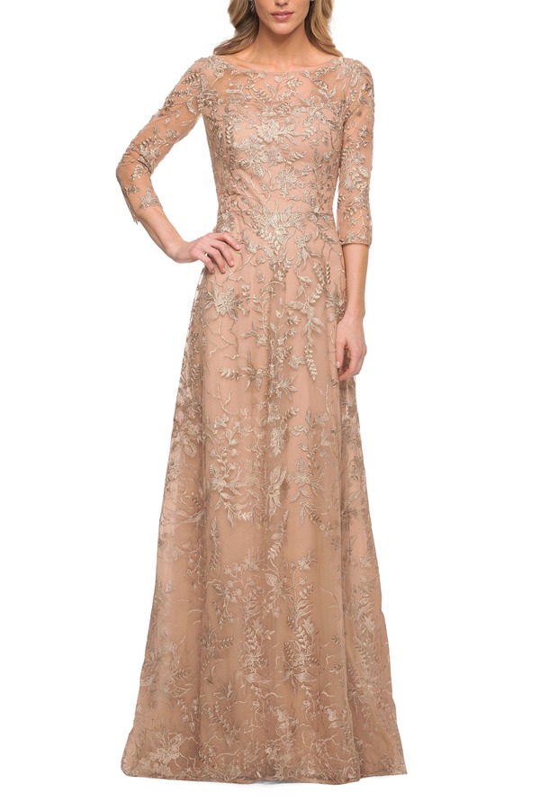 ラフェム レディース トップス ワンピース レース La Femme Mother of the Bride Lace Dress withree-Quarter Sleeves Light Gold ゴールド