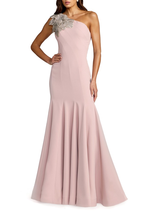 マックダガル レディース トップス ワンピース クレープ Mac Duggal Women's Crepe One Shoulder Gown With Flower Detail Rose｜ReVida 店